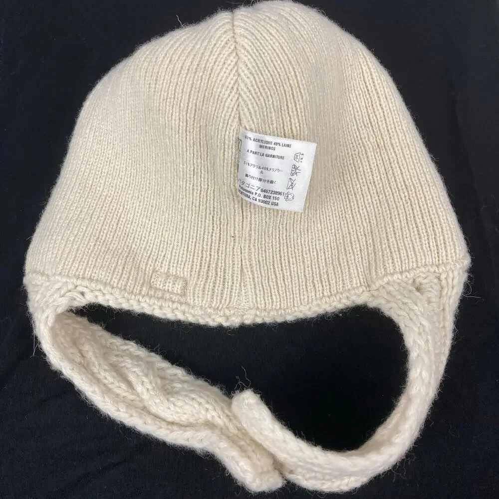 Patagonia Cable Knit Wool Blend Ear Flap Beanie Women Cream Chin Straps Pom Pom